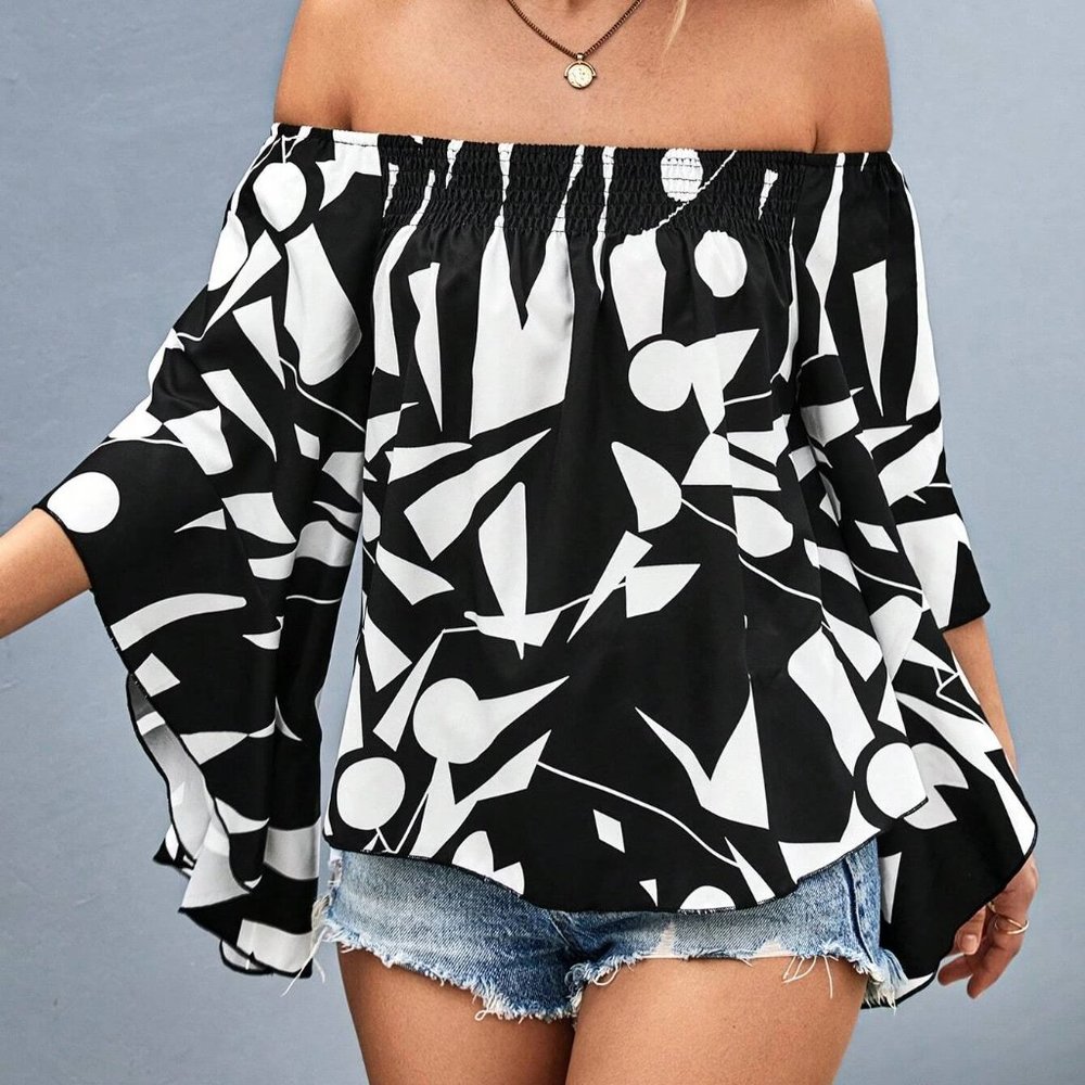 Black And White Boho Geo Print Off Shoulder Flounce Sleeve Blouse - Picture 3 of 5